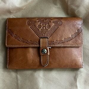 PATRICIA NASH Dark Cream Tooled Italian Leather Tri-fold Wallet
